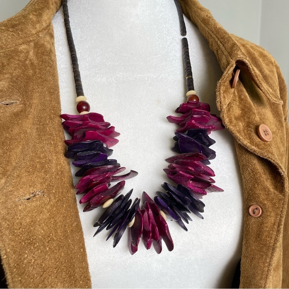 Vintage Chunky Abstract Artsy Boho Beaded Earthy Burgundy Purple Necklace Rare
